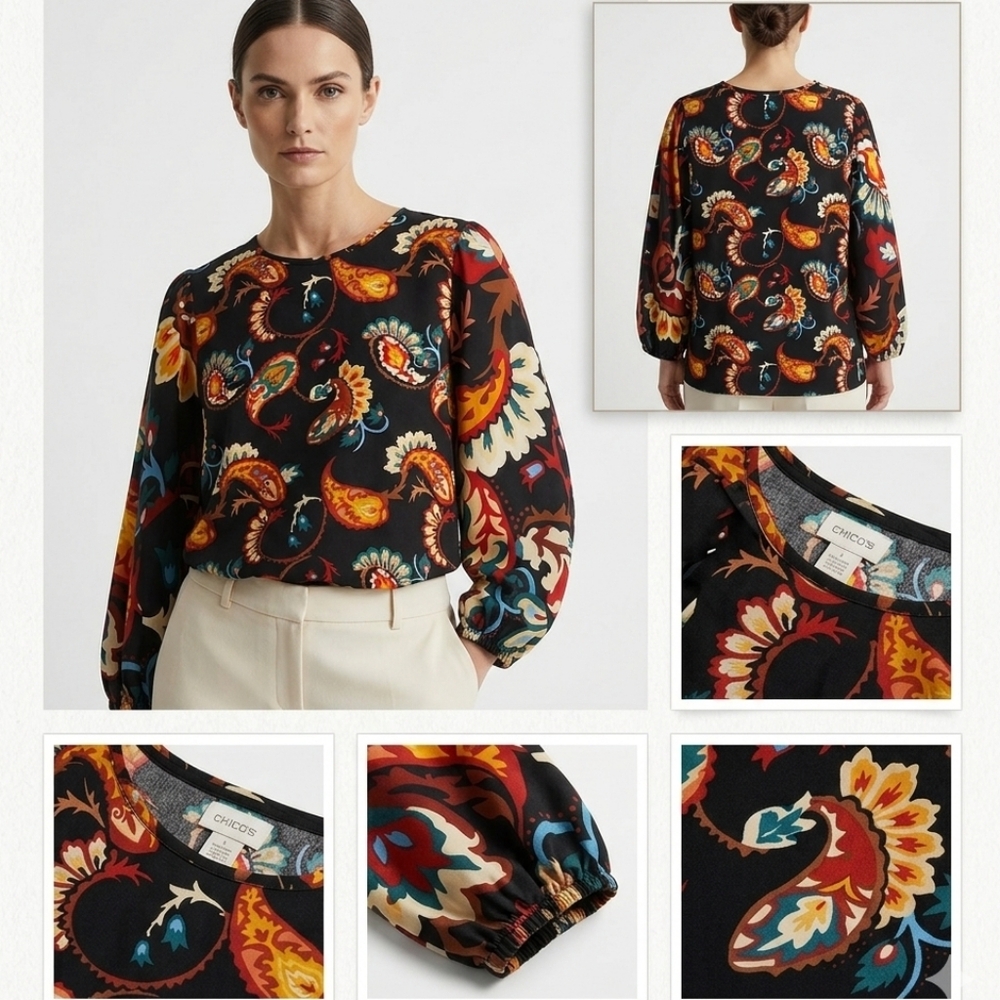 New Chico's Mixed Media Paisley Puff-Sleeve Top Cotton Sz XXL Chicos 4 Knit Tee